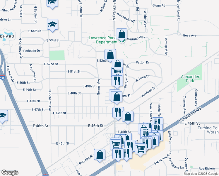 map of restaurants, bars, coffee shops, grocery stores, and more near 7949 East 49th Street in Indianapolis