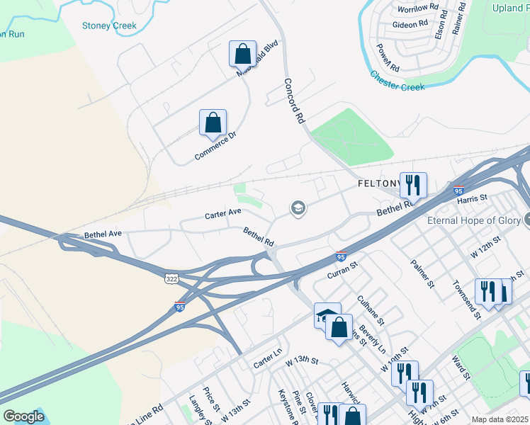 map of restaurants, bars, coffee shops, grocery stores, and more near 2914 Carter Avenue in Chester