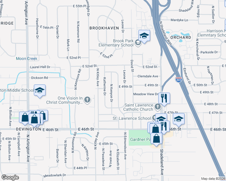 map of restaurants, bars, coffee shops, grocery stores, and more near 4852 North Kenyon Drive in Lawrence