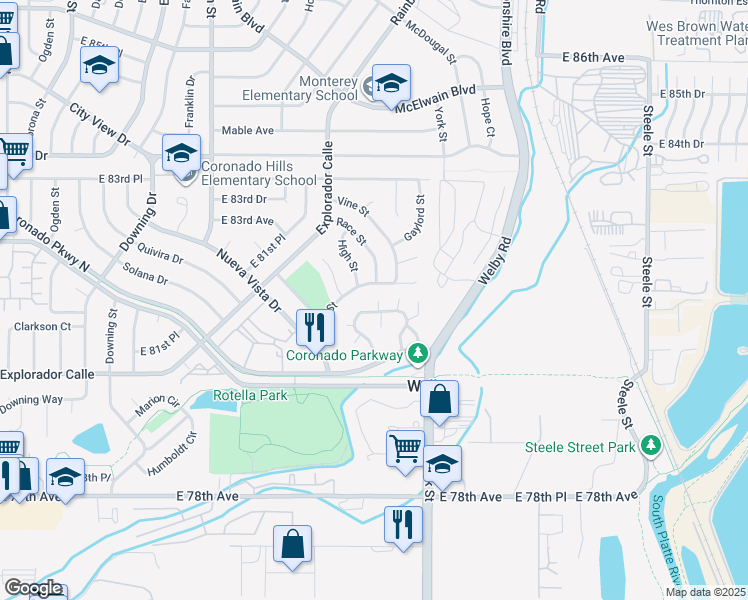 map of restaurants, bars, coffee shops, grocery stores, and more near 2249 Coronado Parkway North in Thornton