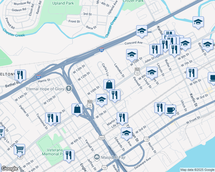 map of restaurants, bars, coffee shops, grocery stores, and more near 1402 West 9th Street in Chester