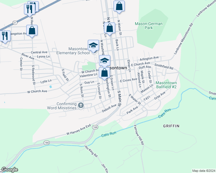 map of restaurants, bars, coffee shops, grocery stores, and more near 211 South Washington Street in Masontown