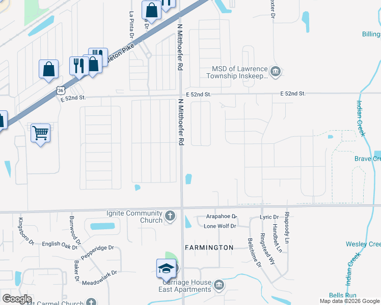 map of restaurants, bars, coffee shops, grocery stores, and more near 4801-4839 North Mitthoeffer Road in Indianapolis