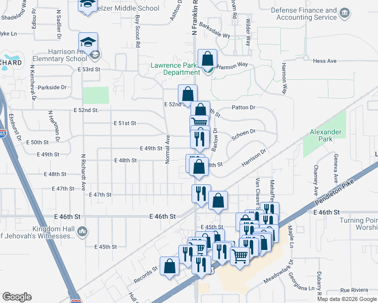 map of restaurants, bars, coffee shops, grocery stores, and more near 7949 East 49th Street in Indianapolis