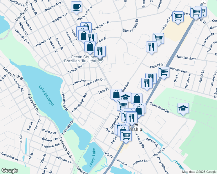 map of restaurants, bars, coffee shops, grocery stores, and more near 211 Lacey Road in Lacey Township