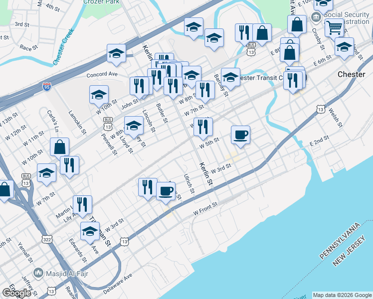 map of restaurants, bars, coffee shops, grocery stores, and more near 726-728 West 5th Street in Chester