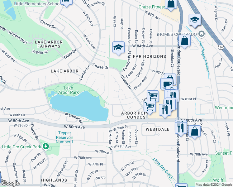 map of restaurants, bars, coffee shops, grocery stores, and more near 5786 West 81st Place in Arvada