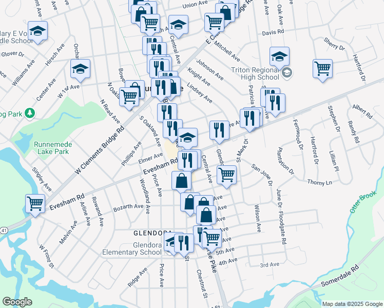 map of restaurants, bars, coffee shops, grocery stores, and more near East Evesham Road & Maple Avenue in Gloucester Township