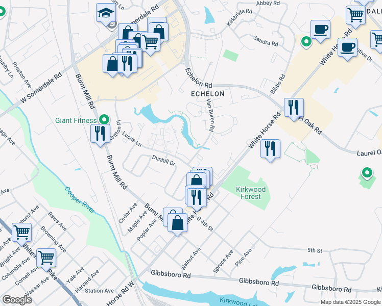 map of restaurants, bars, coffee shops, grocery stores, and more near 255 Lucas Lane in Voorhees Township
