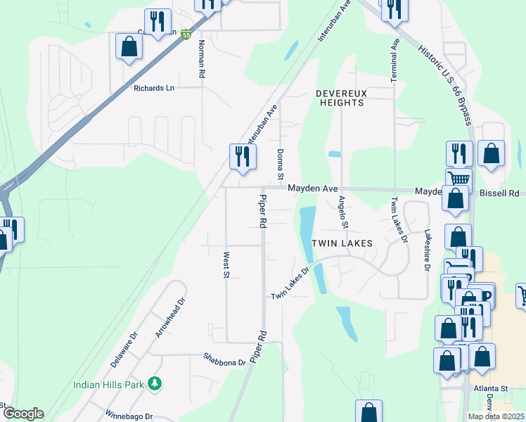 map of restaurants, bars, coffee shops, grocery stores, and more near 3217 Devereux Heights Road in Springfield
