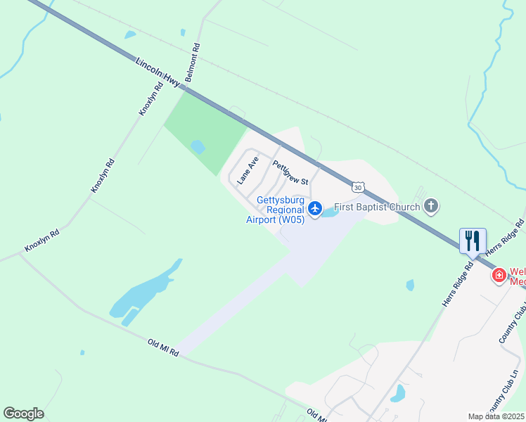 map of restaurants, bars, coffee shops, grocery stores, and more near 45 Pegram Street in Gettysburg