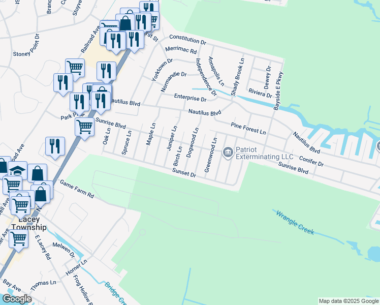 map of restaurants, bars, coffee shops, grocery stores, and more near 241 Dogwood Lane in Lacey Township