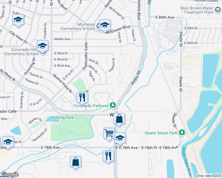 map of restaurants, bars, coffee shops, grocery stores, and more near 2259 Coronado Parkway North in Thornton
