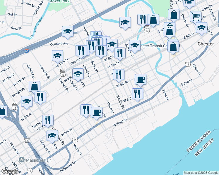 map of restaurants, bars, coffee shops, grocery stores, and more near 714 West 5th Street in Chester