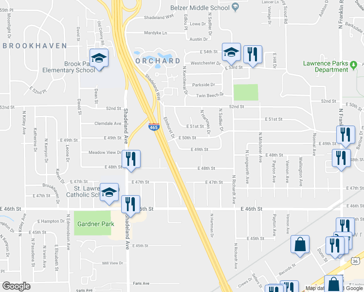 map of restaurants, bars, coffee shops, grocery stores, and more near 7304 East 49th Street in Indianapolis