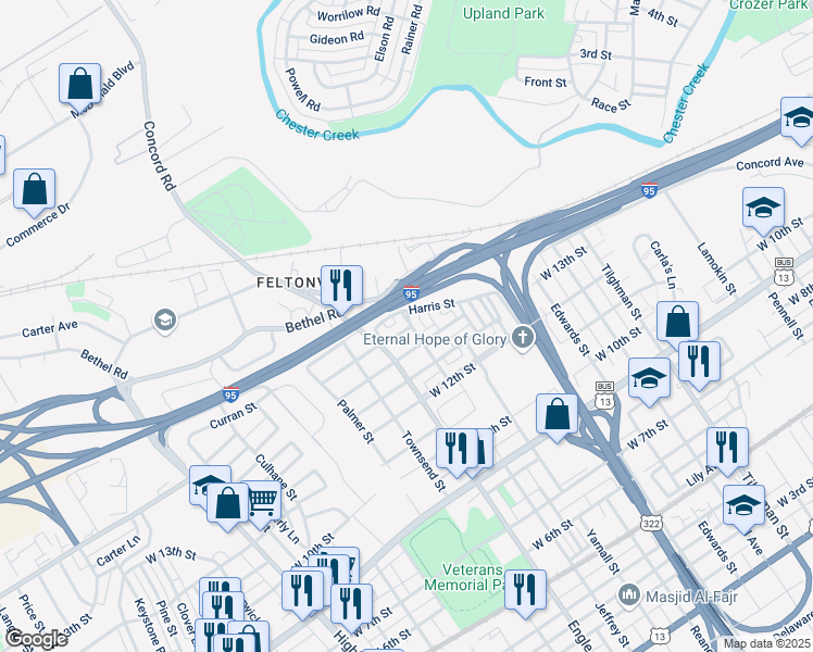 map of restaurants, bars, coffee shops, grocery stores, and more near 2100 Thomas Street in Chester