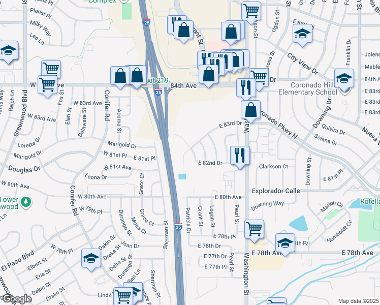 map of restaurants, bars, coffee shops, grocery stores, and more near 341 East 82nd Drive in Thornton