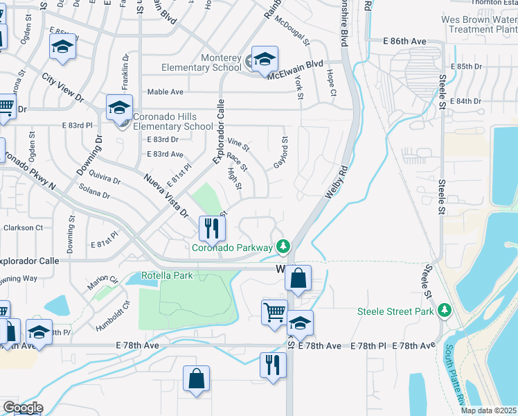 map of restaurants, bars, coffee shops, grocery stores, and more near 2249 Coronado Parkway North in Thornton
