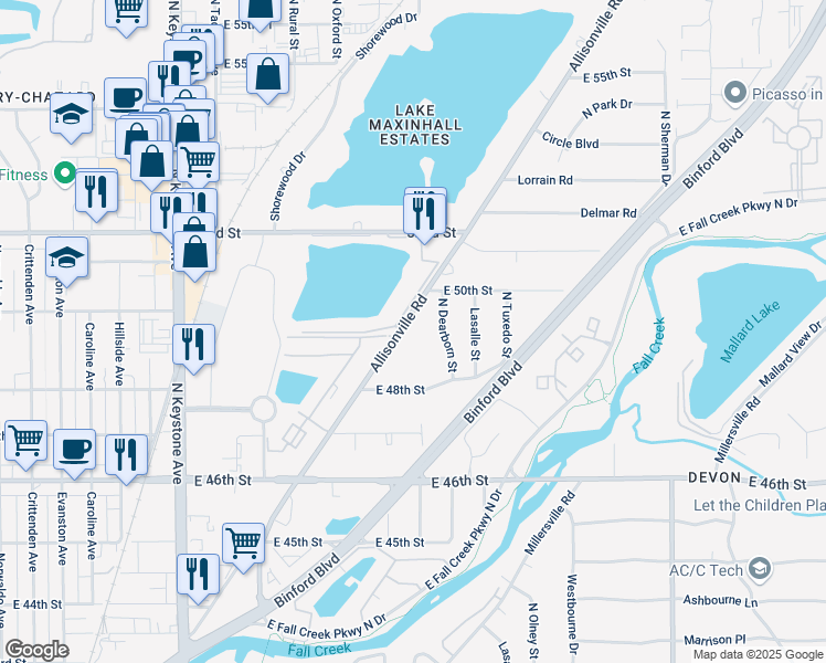 map of restaurants, bars, coffee shops, grocery stores, and more near 4905 Allisonville Road in Indianapolis