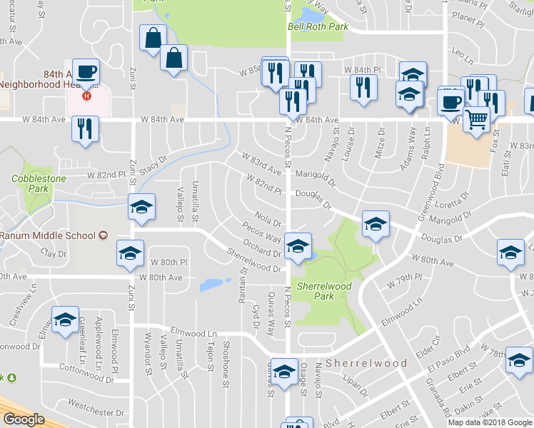 map of restaurants, bars, coffee shops, grocery stores, and more near 8146 Nola Drive in Denver