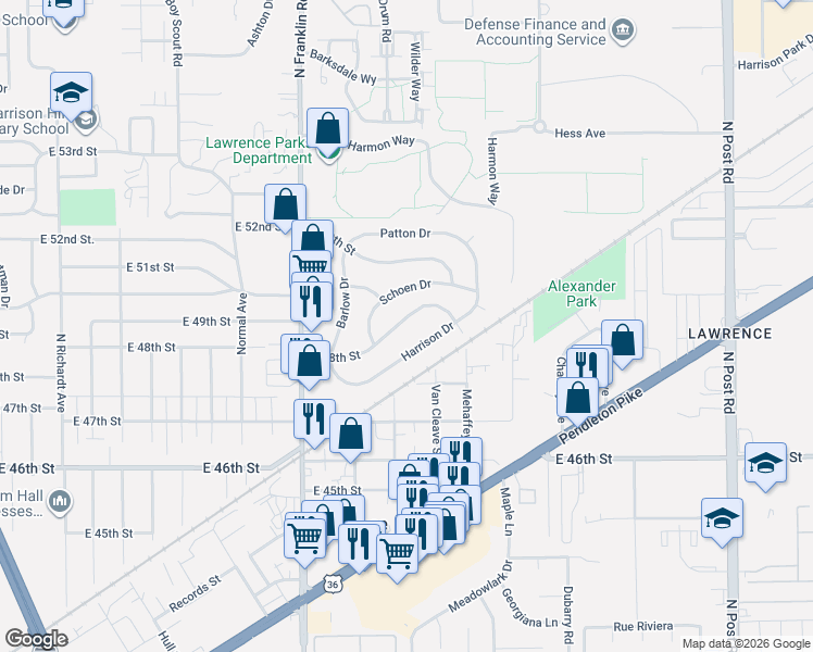 map of restaurants, bars, coffee shops, grocery stores, and more near 8145 East 48th Street in Lawrence