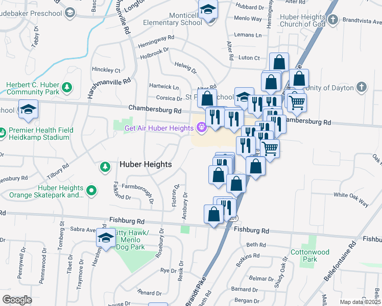 map of restaurants, bars, coffee shops, grocery stores, and more near 5648 Leibold Drive in Dayton