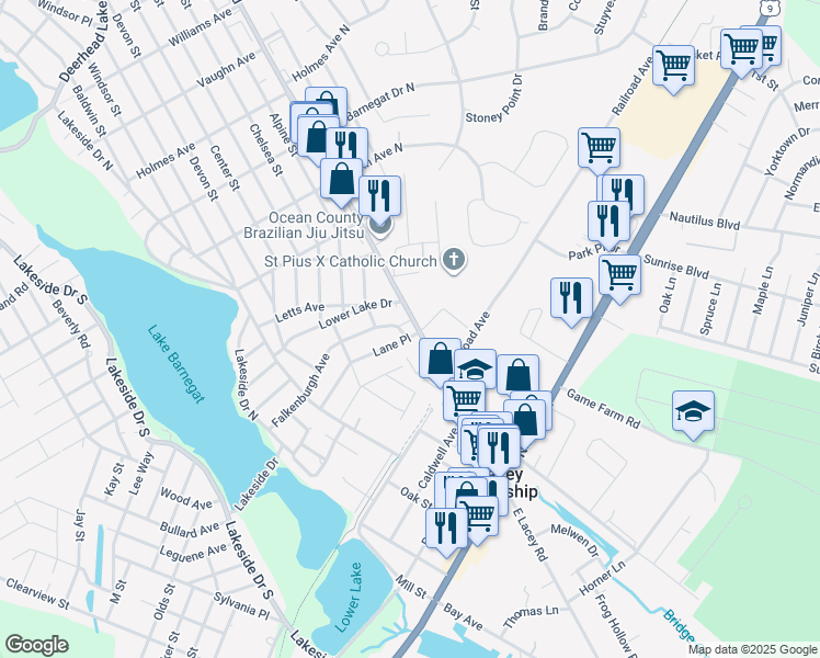 map of restaurants, bars, coffee shops, grocery stores, and more near 211 Lacey Road in Lacey Township