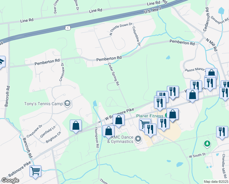 map of restaurants, bars, coffee shops, grocery stores, and more near 202 Cedar Woods Circle in Kennett Square