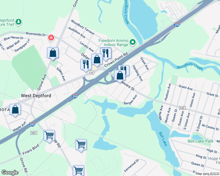 map of restaurants, bars, coffee shops, grocery stores, and more near 190 North Monmouth Avenue in West Deptford