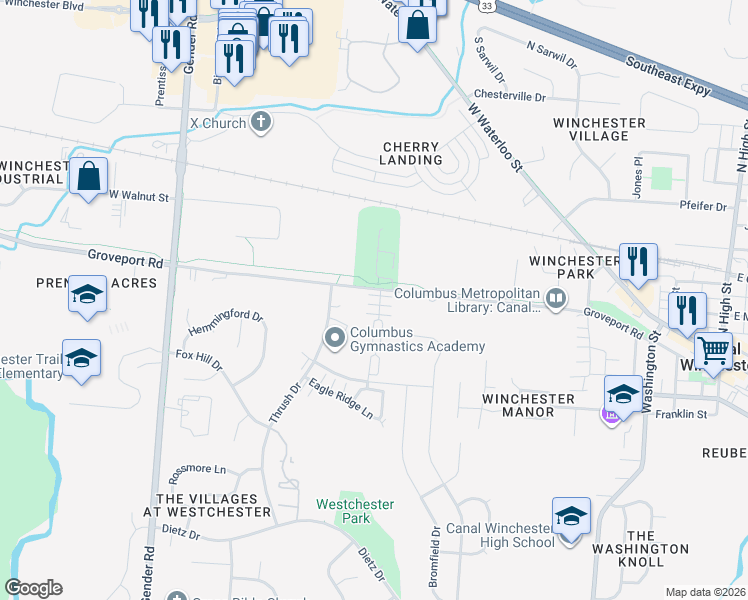map of restaurants, bars, coffee shops, grocery stores, and more near 6715 Three Fountains Way in Canal Winchester