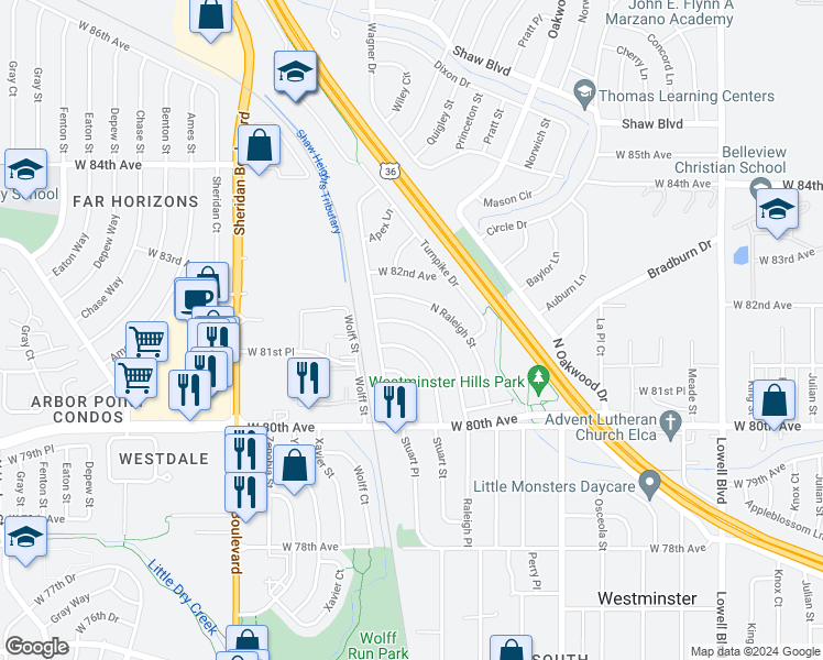 map of restaurants, bars, coffee shops, grocery stores, and more near 8171 Raleigh Place in Westminster