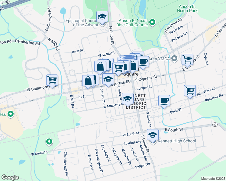 map of restaurants, bars, coffee shops, grocery stores, and more near 221 Meredith Street in Kennett Square
