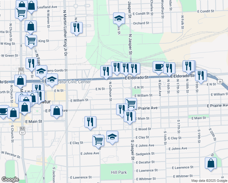 map of restaurants, bars, coffee shops, grocery stores, and more near 1031-1033 E North St in Decatur