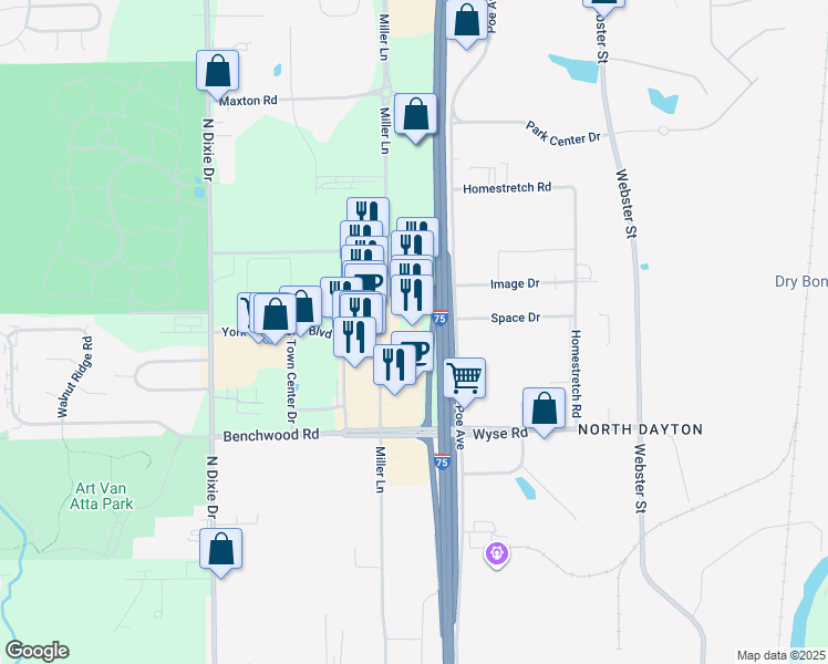map of restaurants, bars, coffee shops, grocery stores, and more near 6722 Miller Lane in Dayton