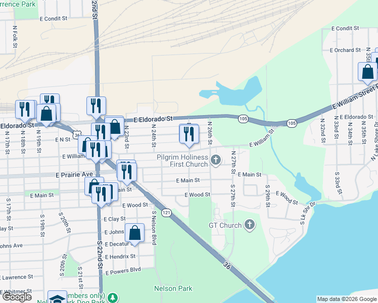 map of restaurants, bars, coffee shops, grocery stores, and more near 2499 East William Street in Decatur