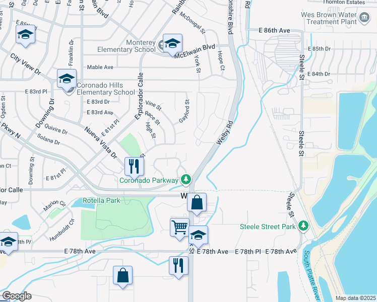 map of restaurants, bars, coffee shops, grocery stores, and more near 2259 Coronado Parkway North in Thornton