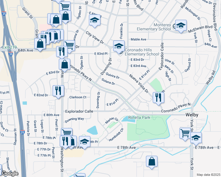 map of restaurants, bars, coffee shops, grocery stores, and more near 1288 Coronado Parkway North in Denver