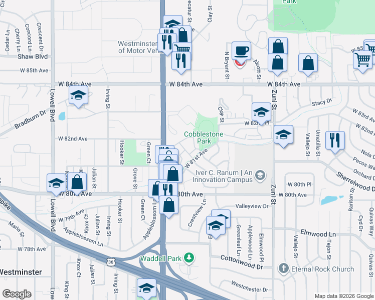 map of restaurants, bars, coffee shops, grocery stores, and more near 2923 West 81st Avenue in Westminster