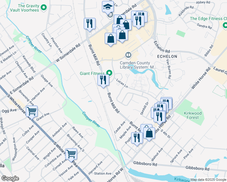 map of restaurants, bars, coffee shops, grocery stores, and more near 408 Lucas Lane in Voorhees Township