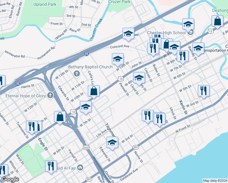 map of restaurants, bars, coffee shops, grocery stores, and more near 925 John Street in Chester
