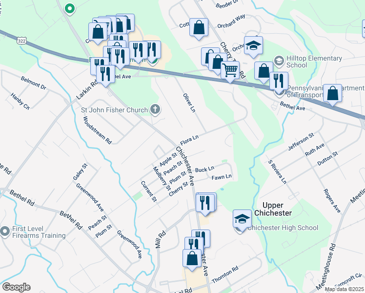 map of restaurants, bars, coffee shops, grocery stores, and more near 4105 Chichester Avenue in Upper Chichester