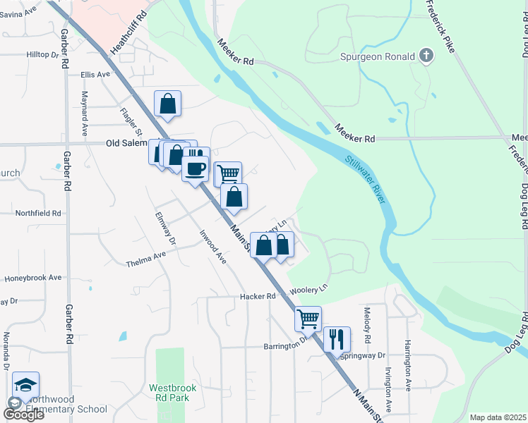 map of restaurants, bars, coffee shops, grocery stores, and more near 8212 North Main Street in Dayton