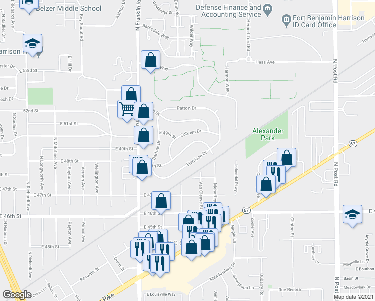 map of restaurants, bars, coffee shops, grocery stores, and more near 8145 East 48th Street in Lawrence