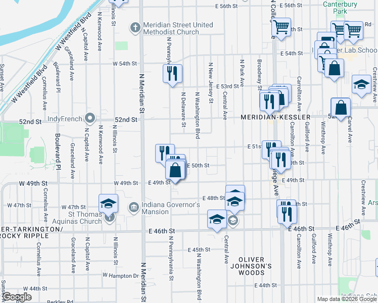 map of restaurants, bars, coffee shops, grocery stores, and more near 5026 North Washington Boulevard in Indianapolis