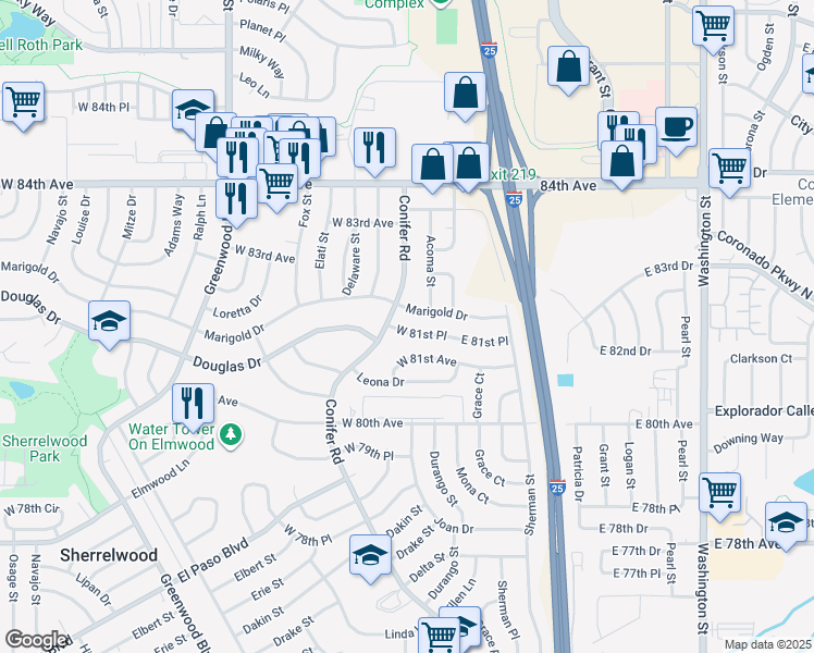 map of restaurants, bars, coffee shops, grocery stores, and more near 189 West 81st Place in Denver