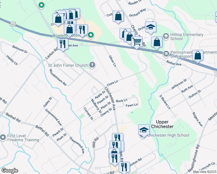 map of restaurants, bars, coffee shops, grocery stores, and more near 4105 Chichester Avenue in Upper Chichester