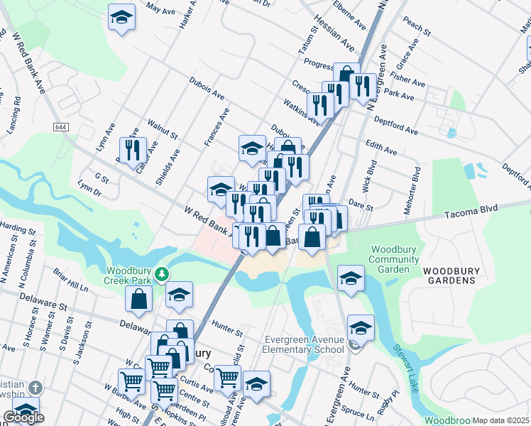 map of restaurants, bars, coffee shops, grocery stores, and more near 547 North Broad Street in Woodbury