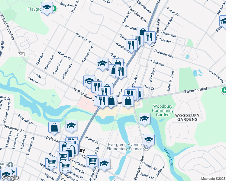 map of restaurants, bars, coffee shops, grocery stores, and more near 625 Green Street in Woodbury