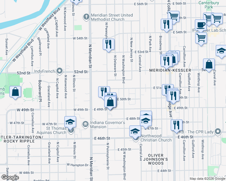 map of restaurants, bars, coffee shops, grocery stores, and more near 121 East 51st Street in Indianapolis