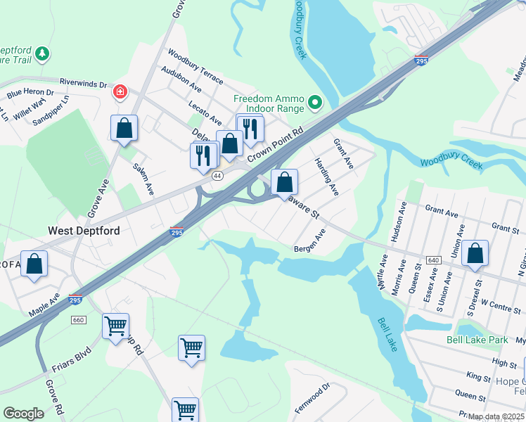 map of restaurants, bars, coffee shops, grocery stores, and more near 190 North Monmouth Avenue in West Deptford